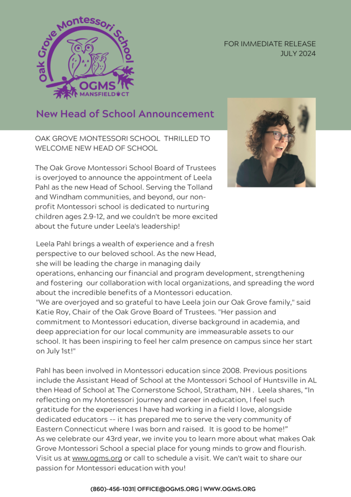 Announcing Our New Head of School - Oak Grove Montessori